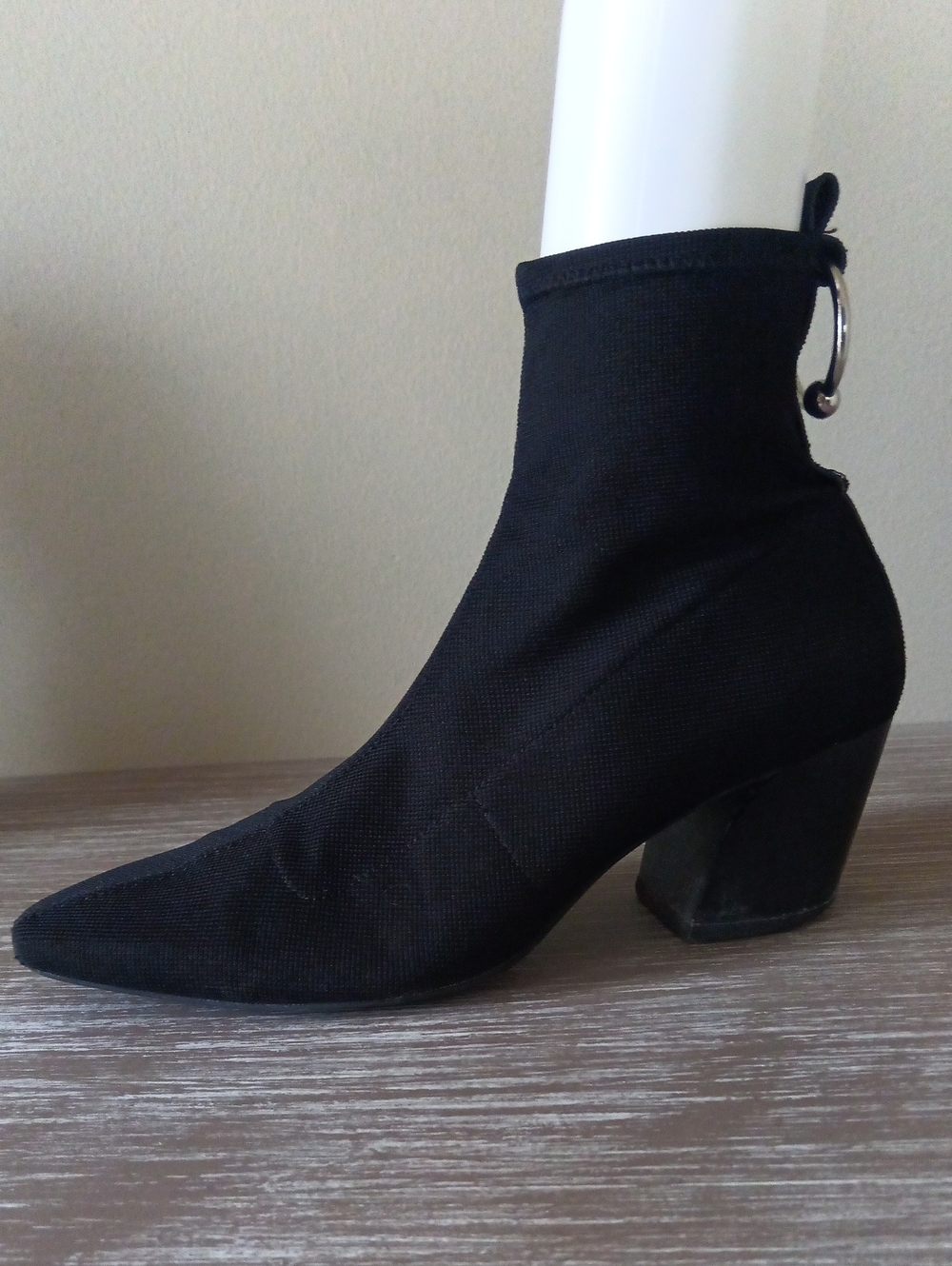 Zara Black Stretch Sock Ankle Boot with Block Heel and Heel Ring